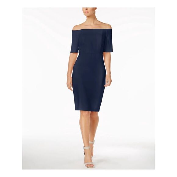 Calvin Klein Off-the-Shoulder Short Sleeve Midi Sheath Dress Size 2 Dk Blue NWT - Picture 1 of 12